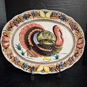 Large Vintage Decorative Turkey Platter, Thanksgiving, Holiday, Serving Platter